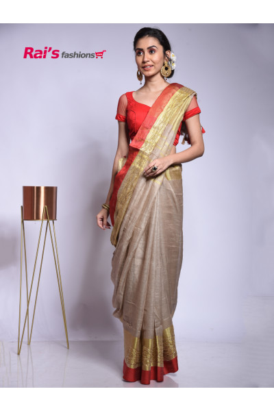 Sequin Design Linen Saree With Contrast Red Color And Golden Zari Weaving Border (KR42)